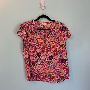 J. Crew Pink Blue Floral Top With Cap Sleeve And Buttons - Size M